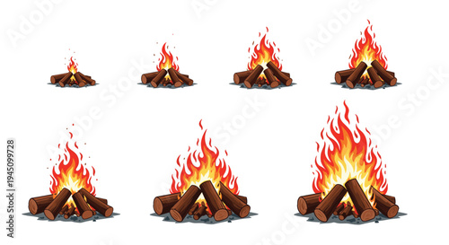 Progressive series of campfire illustrations showing the growth of a fire from small embers to a large roaring flame on wooden logs.