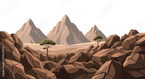 Dry desert landscape featuring rocky foreground terrain, sparse trees, and tall jagged mountains under a clear sky in a scenic wide view.