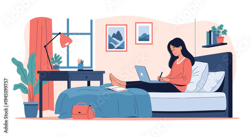 Young female student sitting on her bed in a tidy bedroom while using a laptop and writing in a notebook for her university studies.