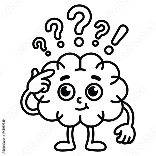Cute cartoon brain character with question marks and exclamation point contemplating a problem