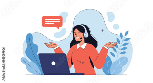 Friendly customer service agent wearing a headset and working on her laptop to help clients against a blue leafy background with speech bubbles.