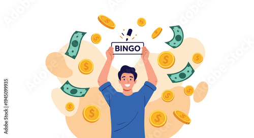 Excited young man holding up a winning Bingo sign while gold coins and green dollar bills fall all around him in a celebratory moment.