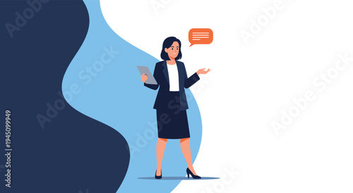 Professional businesswoman in a dark suit holding a tablet and speaking with an orange speech bubble next to her against a blue background.