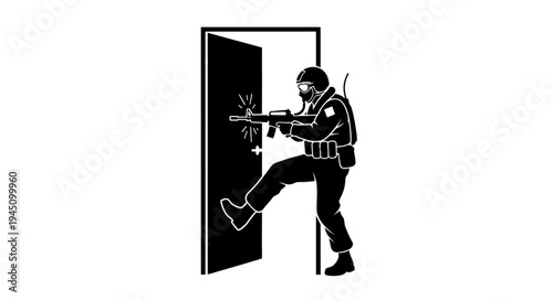 Soldier Kicking Door Open With Rifle Ready, Tactical Entry, SWAT Team Action