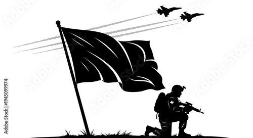 Soldier Kneeling Beside Flag with Fighter Jets Flying Overhead Silhouette
