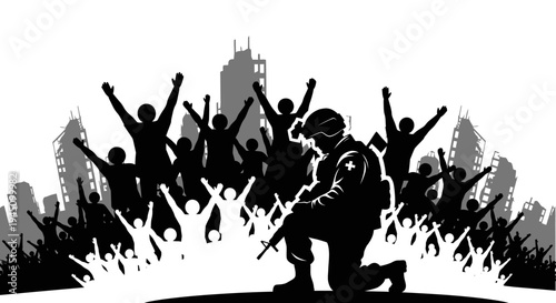 Soldier Kneeling with Crowd Cheering in Cityscape Background