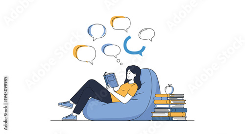 Young woman relaxing in a blue bean bag chair while reading a book with many thought bubbles and a stack of books nearby for inspiration.