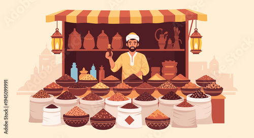 Traditional spice merchant standing behind a market stall filled with many bowls and bags of colorful spices in a Middle Eastern city setting.
