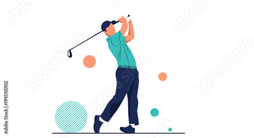 Athletic man in a green shirt and dark pants performing a powerful golf swing on a bright course with abstract geometric shapes behind him.
