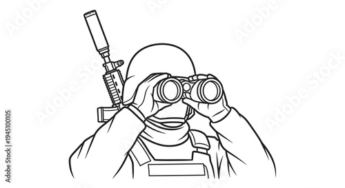 Soldier with Binoculars and Rifle, Reconnaissance and Surveillance Concept