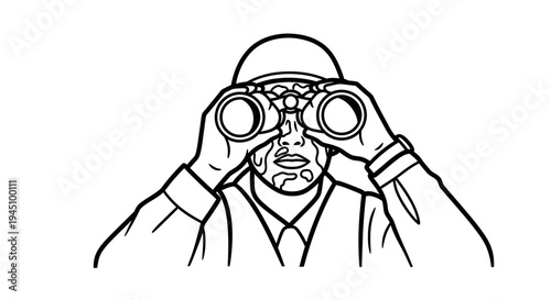 Soldier with Binoculars, Camouflage Face, Looking Through Lenses, Military Observation