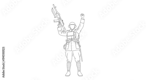 Soldier with Rifle Raised in Victory, Outline Drawing