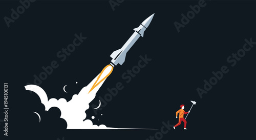 Rocket launch with powerful engine fire and white smoke while small figure of man runs with flag on dark background.