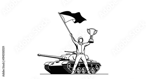 Soldier with Tank, Trophy and Flag Celebrating Victory