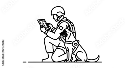 Soldier with Military Dog Using Tablet for Navigation