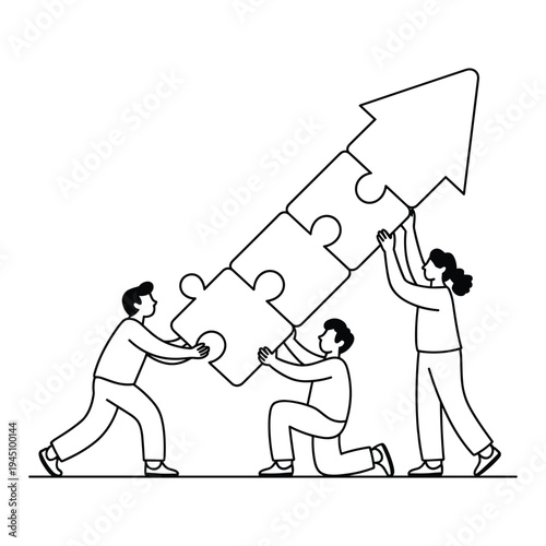 Three people collaboratively assembling jigsaw puzzle pieces forming an upwardpointing arrow shape together