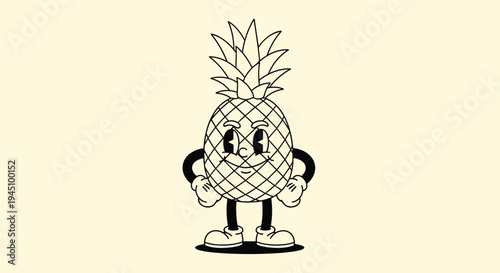 Happy pineapple character with arms on hips and smiling face in vintage cartoon style on cream colored background.