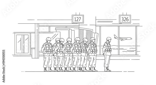 Soldiers Queueing at Airport Gate for Departure, Military Travel Concept