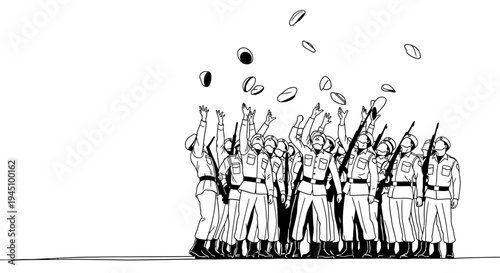 Soldiers celebrating by throwing hats in the air, victory, success, teamwork, unity, joy