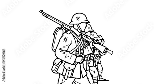 Soldiers Marching with Rifles, Vintage Military Illustration