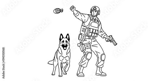 Special Forces Soldier and Police Dog with Grenade and Gun, Tactical Operation
