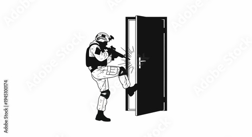 Special Forces Soldier Kicking Open Door with Gun Ready for Action