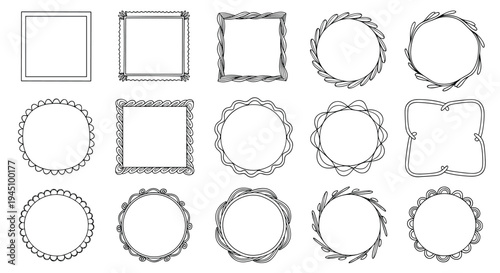 Diverse set of fifteen hand drawn doodle frames including square and circular shapes with various textured borders.