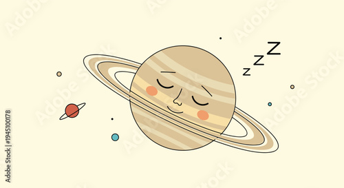 Cute sleeping planet saturn with rings and closed eyes surrounded by smaller celestial bodies in solar system space.
