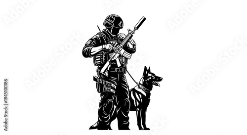 Special Forces Soldier with Military Working Dog, Tactical Gear, K9 Unit, Silhouette