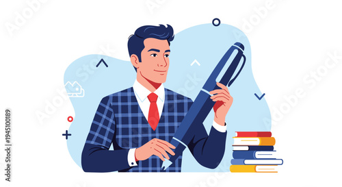 Professional man in checkered jacket holding a giant blue pen next to stack of books on light blue background.