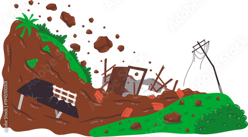 Landslide Disaster Large Slide Destroying Trees And Houses
