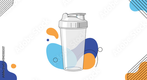 Modern protein shaker bottle for fitness and sports nutrition against a background of abstract colorful shapes.