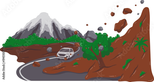 Landslide Disaster Mountain Road Illustration With Soil Debris