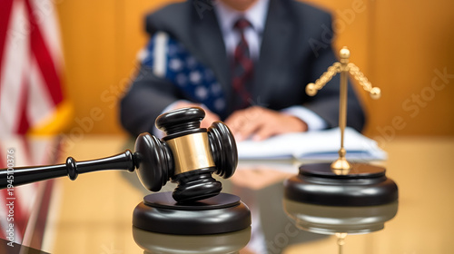 Judge Slams Gavel and American Flag Table Reflection