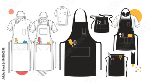 Diverse collection of professional chef aprons and kitchen uniforms in white and black with various pocket tools.