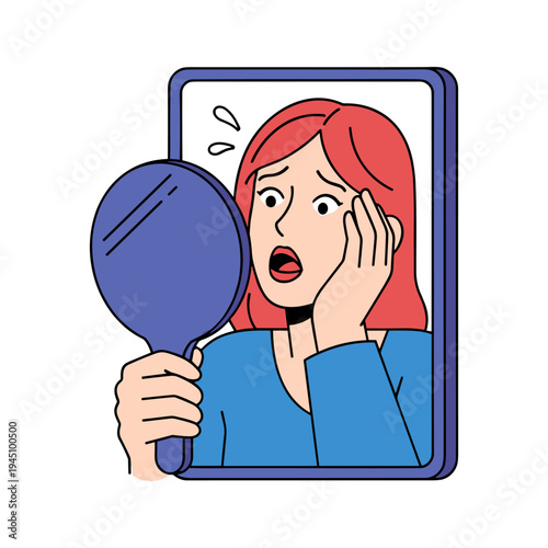 A cartoon woman looking at her face in a handheld mirror