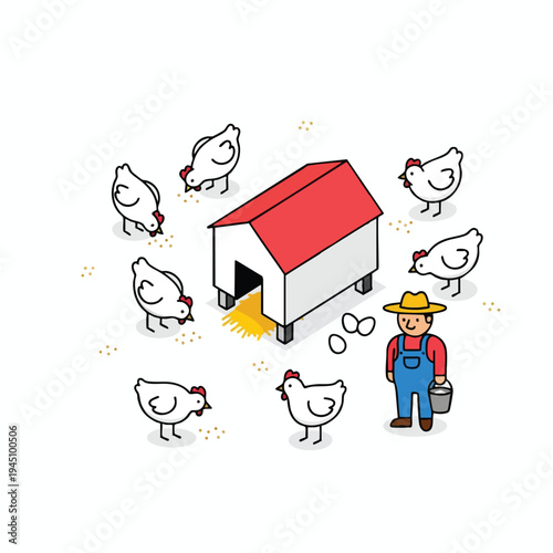Cute farmer collecting eggs from chickens near a coop, with scattered feed
