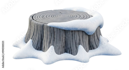 Snow-covered tree stump with visible rings and bark texture