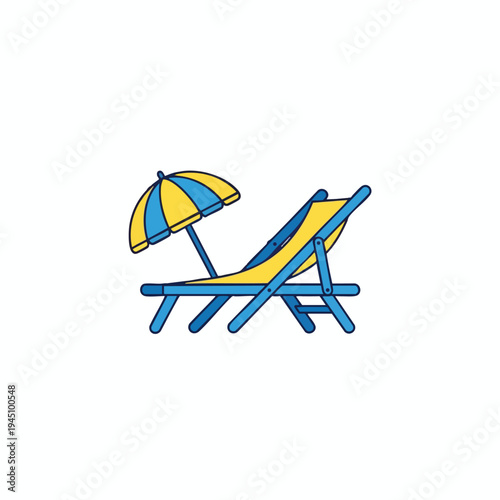 A blue and yellow striped umbrella shades a reclining beach chair