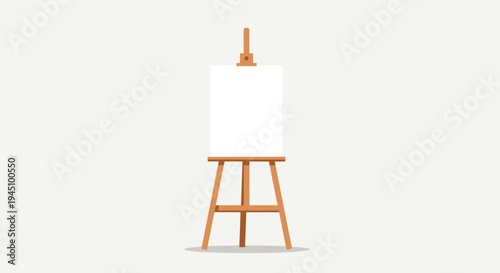 Simple wooden artist easel stand holding a blank white square canvas isolated on a neutral light grey background.