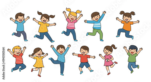 Large group of ten diverse happy children jumping and playing together in various colorful outfits on a white background.