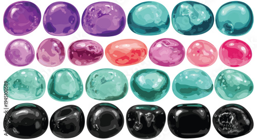 Assorted collection of twenty four colorful jelly beans or smooth stones arranged in four rows on white background.