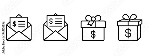 Money bonus and payment envelope outline icon set featuring gift box and dollar bill for financial reward and more vector illustration or editable stroke