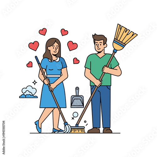 A couple is cleaning together with love