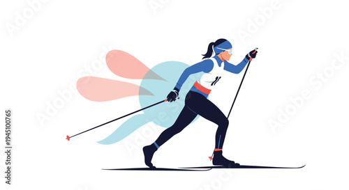 Dynamic illustration of a female cross country skier in motion with abstract speed lines against a white background.