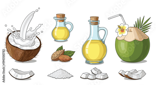 Assorted coconut and almond products including fresh oil milk shavings and drinking coconut with a straw on white.