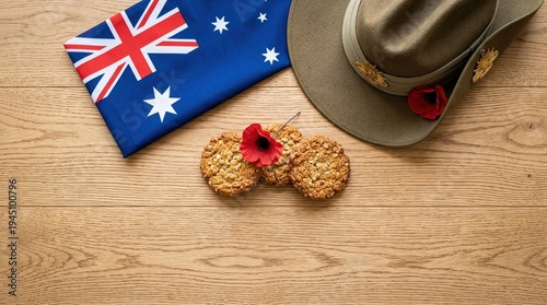 Anzac Day, Australian flag, slouch hat, red poppy, Anzac biscuits, remembrance, Australia symbols arranged on a wooden table, representing military tribute and dawn service.