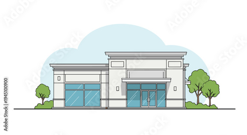 Architectural line art illustration of a modern commercial storefront building with large glass windows and trees nearby.