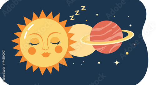 Whimsical space illustration featuring a sleeping sun with a peaceful face next to the planet saturn and stars at night.