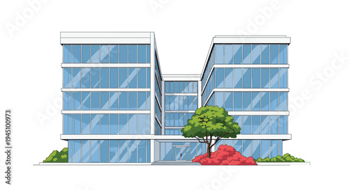 Modern office building with glass facade and architectural details featuring a large green tree in the front courtyard.
